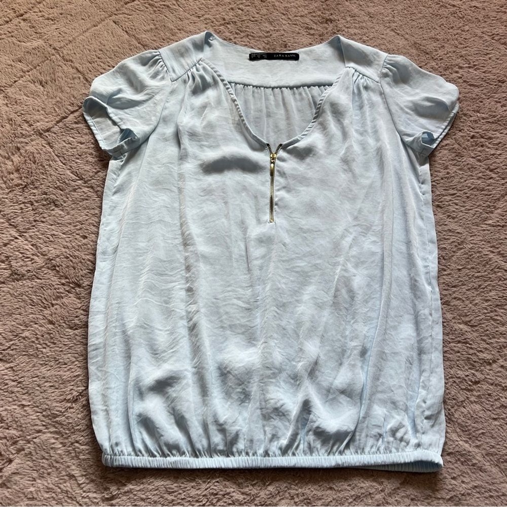 Zara Basic Baby Blue Lightweight Blouse Preppy Minimalist Capsule Office Size S